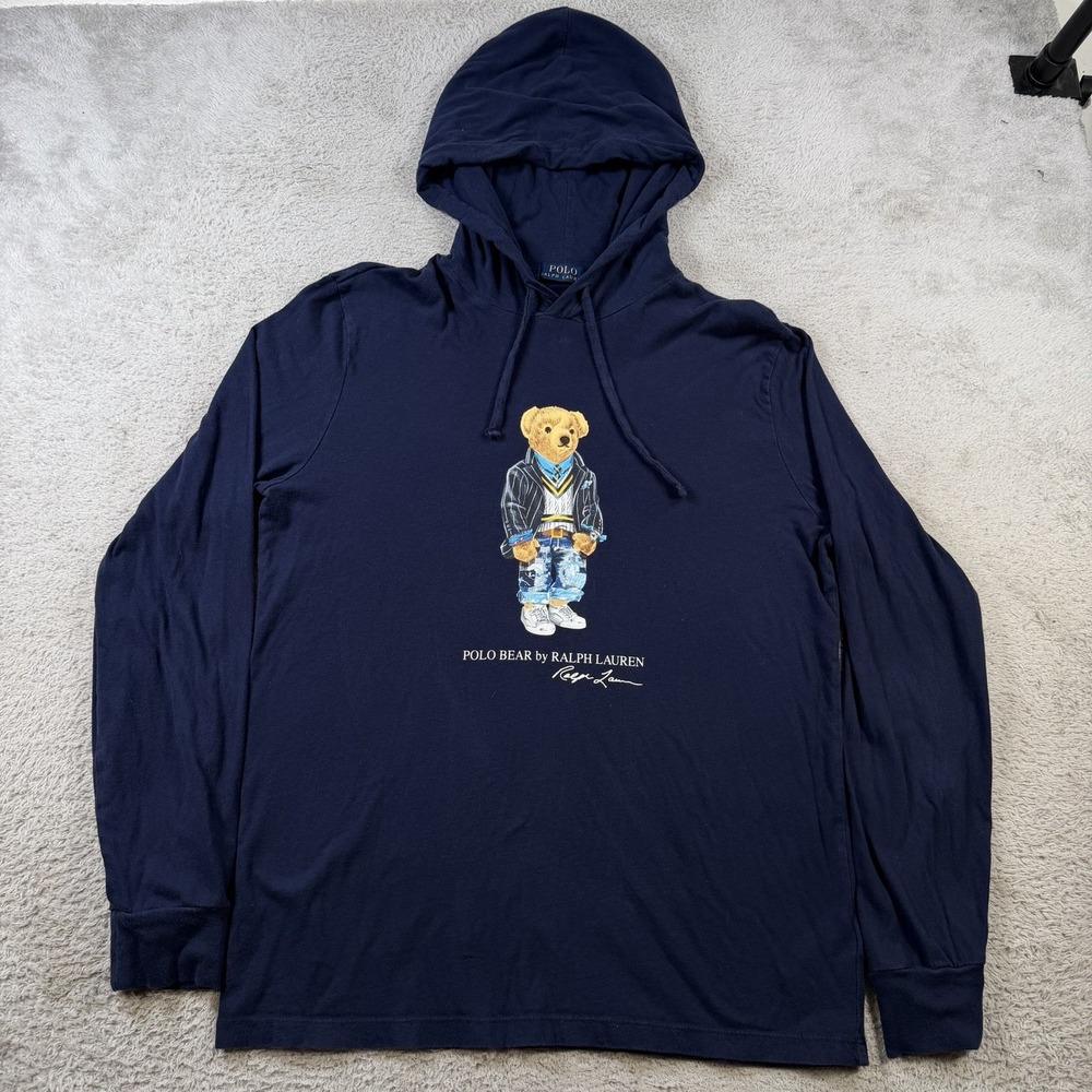 Polo Ralph Lauren T-Shirt Mens Medium Navy Bear Long Sleeve Hooded Cotton